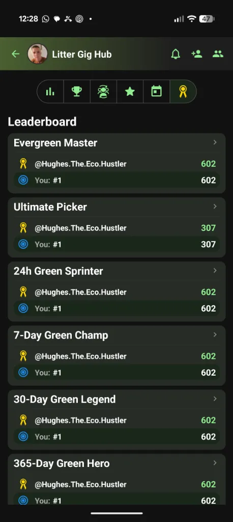 The Leaderboard screen with boards such as Evergreen Master and Ultimate Picker, each showing the leader and your rank.